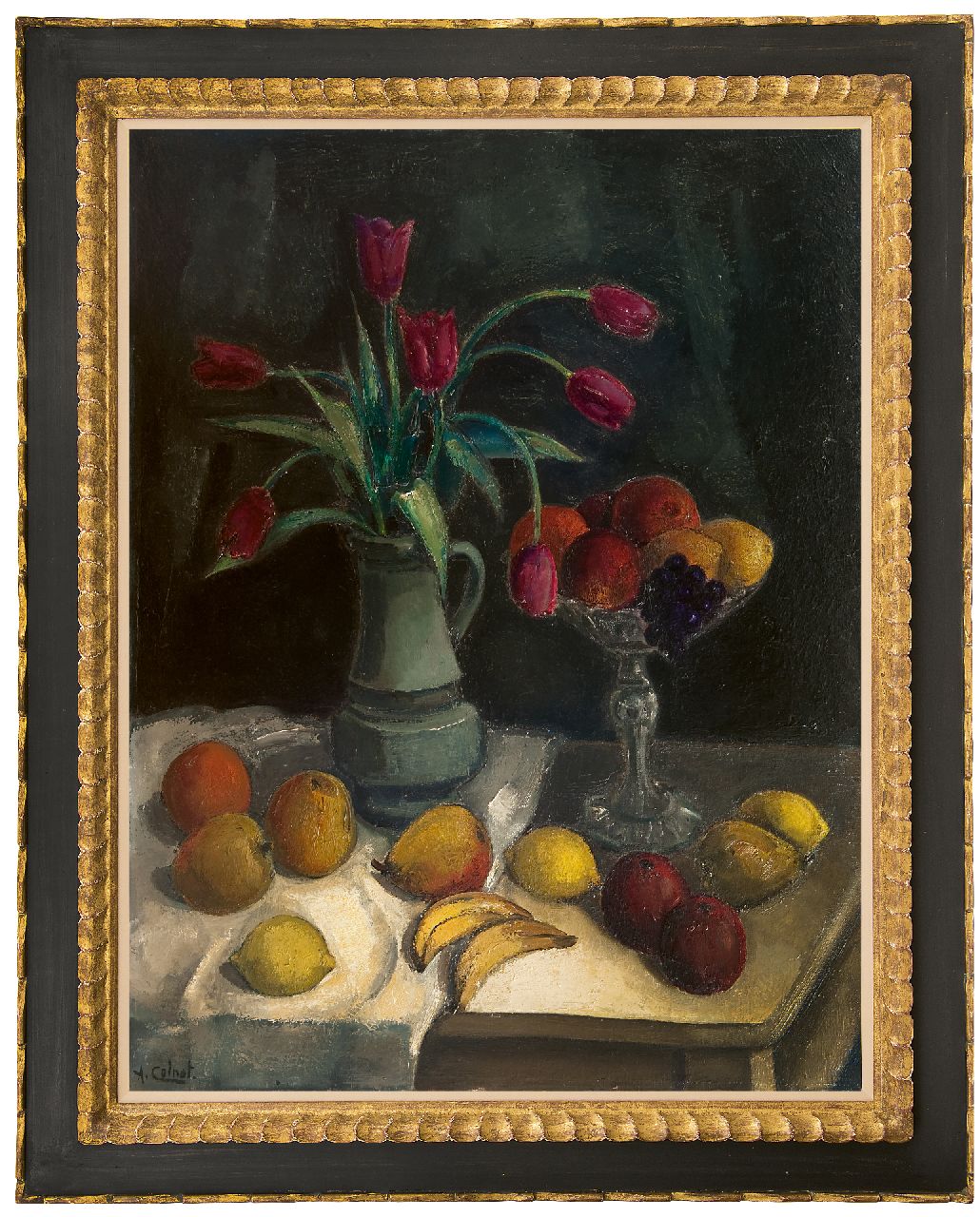 Colnot A.J.G.  | 'Arnout' Jacobus Gustaaf Colnot | Gemälde zum Verkauf angeboten | Stilleben mit Obst und Tulpen auf einem Tisch, Öl auf Leinwand 92,2 x 70,4 cm, Unterzeichnet l.u.