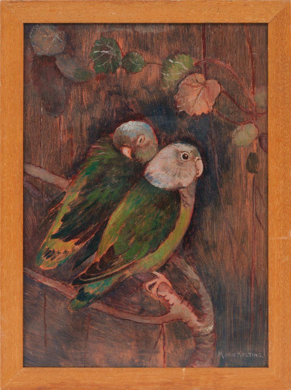 Kelting M.  | Maria 'Marie' Kelting, Zwei grüne Sittiche, Öl auf Holzfaser 23,1 x 16,6 cm, Unterzeichnet r.u.