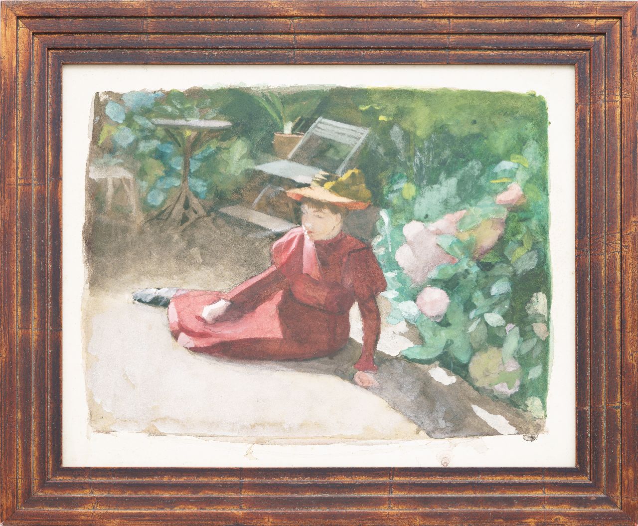 Heineken M.  | Marie Heineken, Posierende Frau in einem Garten, Aquarell auf Papier 44,5 x 55,6 cm