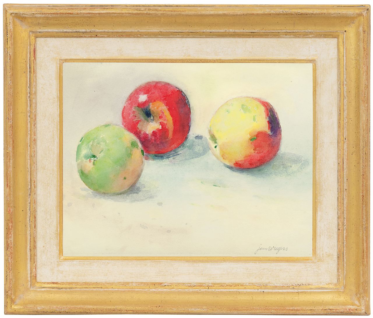 Wiegers J.  | Jan Wiegers, Stilleben mit Äpfeln, Aquarell auf Papier 21,8 x 27,5 cm, Unterzeichnet r.u.