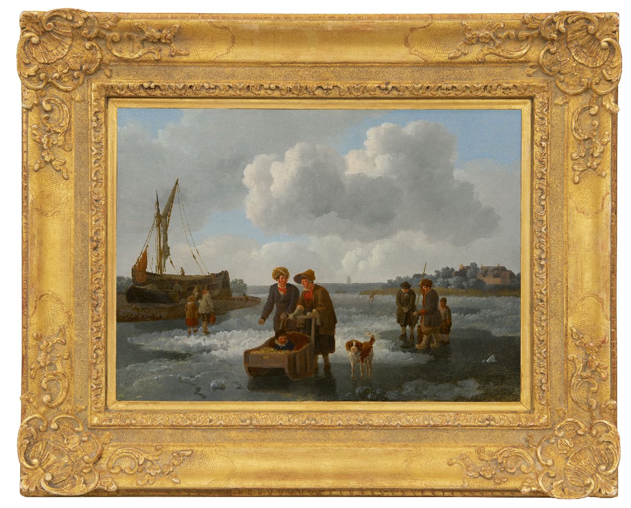 Koningh L. de | Leendert de Koningh, Eisfischer und Schlitten auf zugefrorenem Fluss, Öl auf Holz 30,1 x 42,0 cm, Unterzeichnet l.v.d.M.
