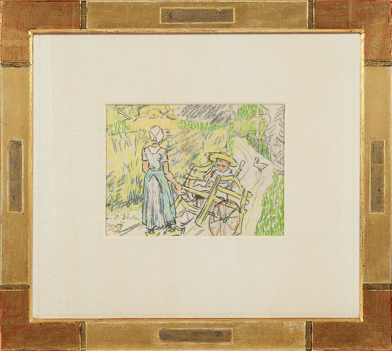 Toorop J.Th.  | Johannes Theodorus 'Jan' Toorop, Kindermädchen mit Fransje Elout und der zahmen Gans 'de Poele' in Domburg, Farbkreide auf Papier 11,0 x 15,1 cm, Unterzeichnet u.l. und datiert 1907