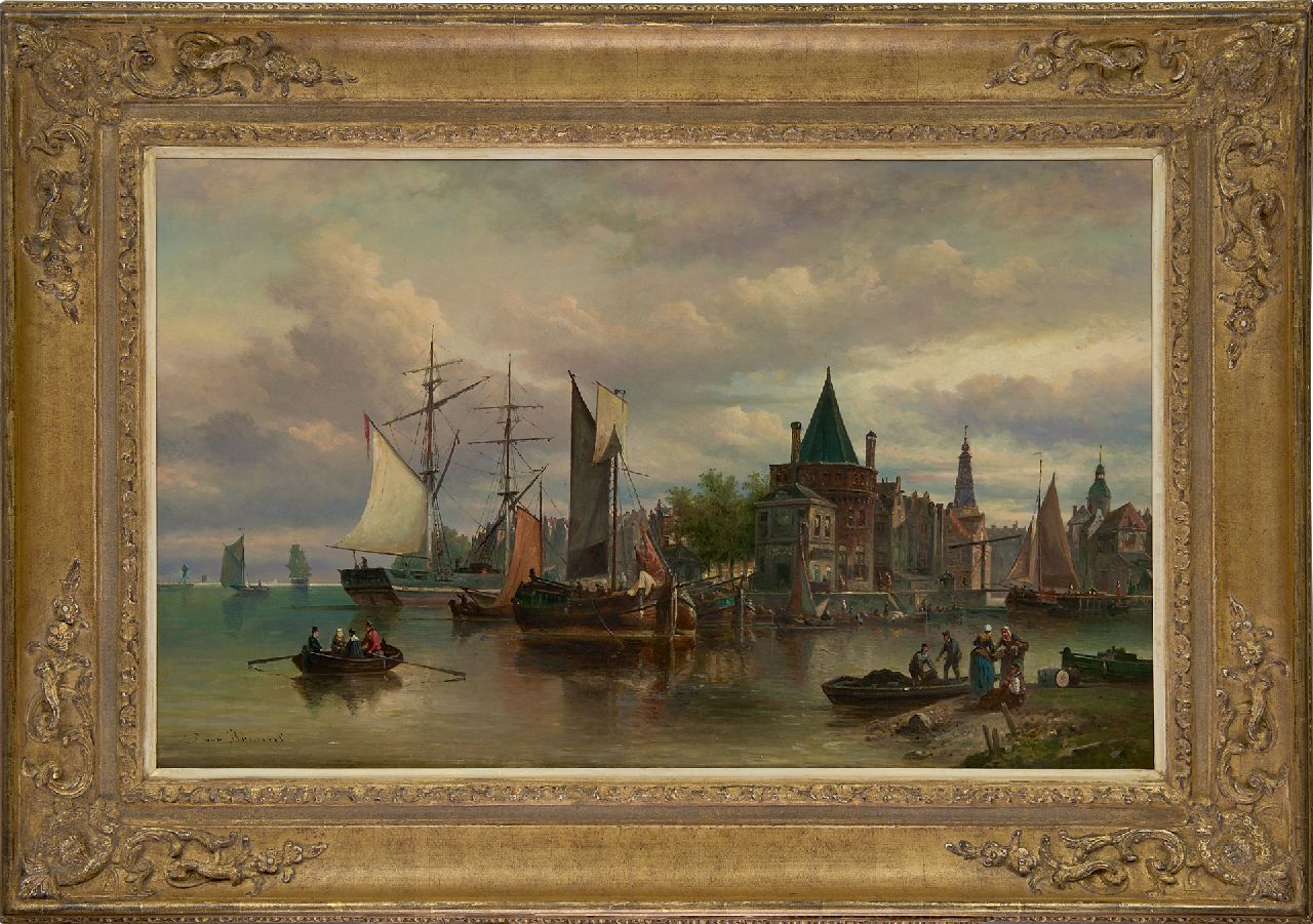 Bommel E.P. van | Elias Pieter van Bommel | Gemälde zum Verkauf angeboten | Fantasieansicht von Amsterdam mit den Schreierstoren, Öl auf Leinwand 50,3 x 82,4 cm, Unterzeichnet u.l.