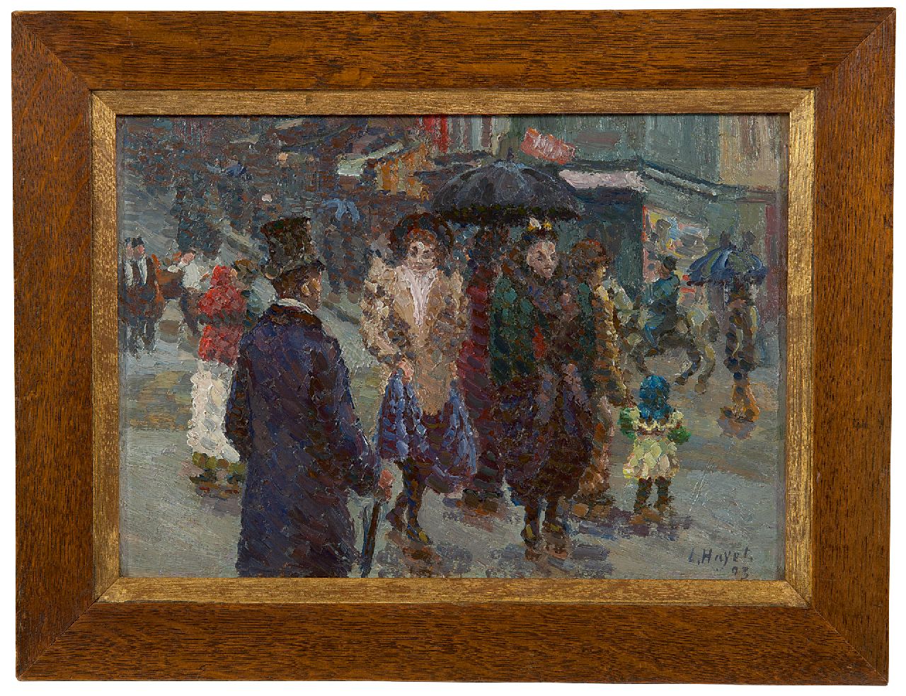 Hayet L.  | Louis Hayet | Gemälde zum Verkauf angeboten | Begegnung im Regen, Öl auf Malereifaser 19,5 x 27,6 cm, Unterzeichnet r.u. und datiert '93