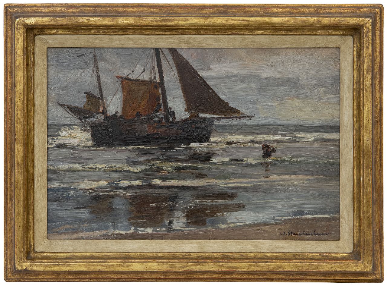 Hambüchen W.  | Wilhelm Hambüchen | Gemälde zum Verkauf angeboten | Entladen des Fischzuges, Katwijk, Öl auf Holz 27,9 x 42,2 cm, Unterzeichnet r.u.