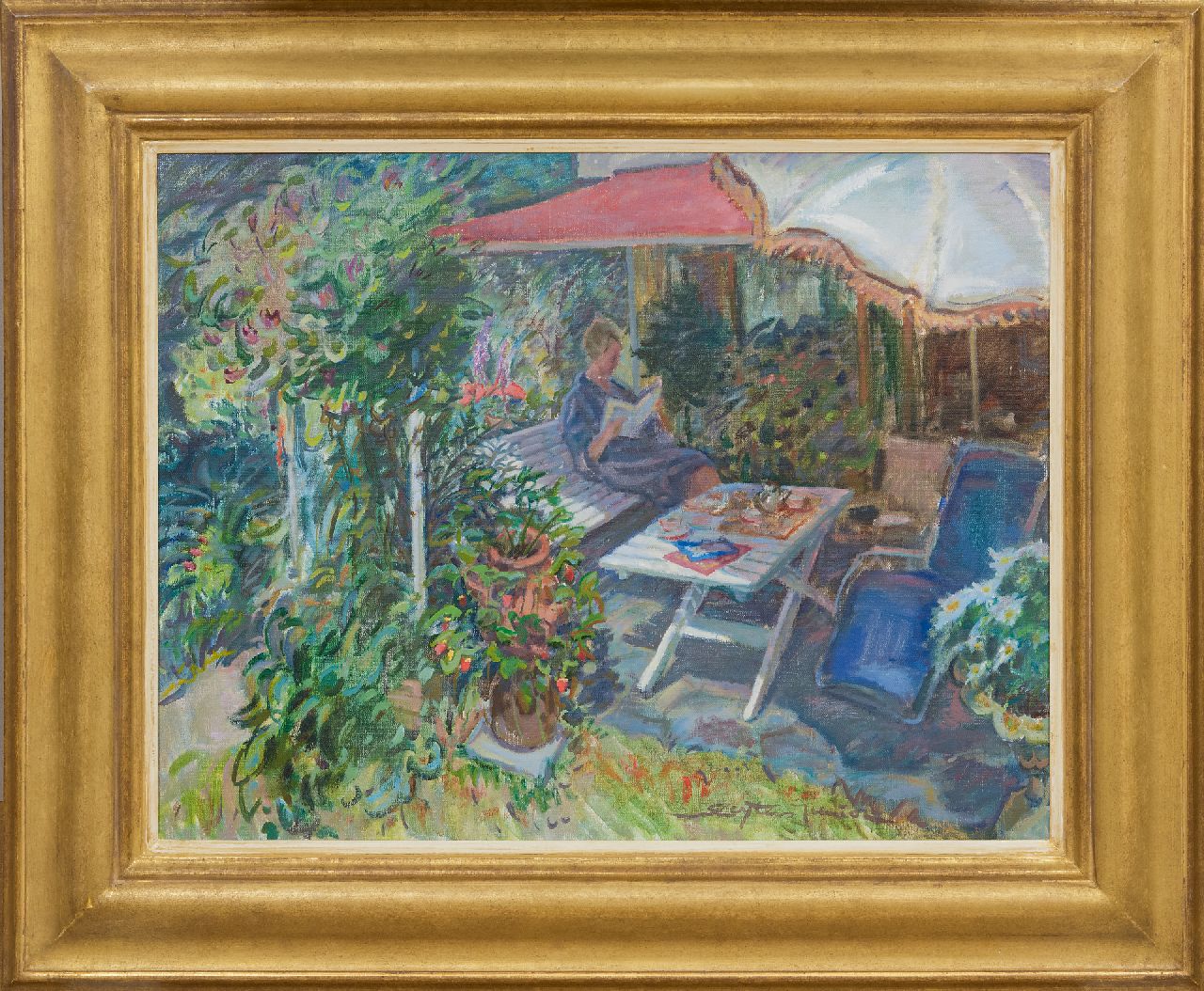 Sluijters jr. J.  | Jan Sluijters jr. | Gemälde zum Verkauf angeboten | Sonnige Gartenterrasse mit der Frau des Malers, Öl auf Leinwand 50,3 x 65,3 cm, Unterzeichnet r.v.d.M.