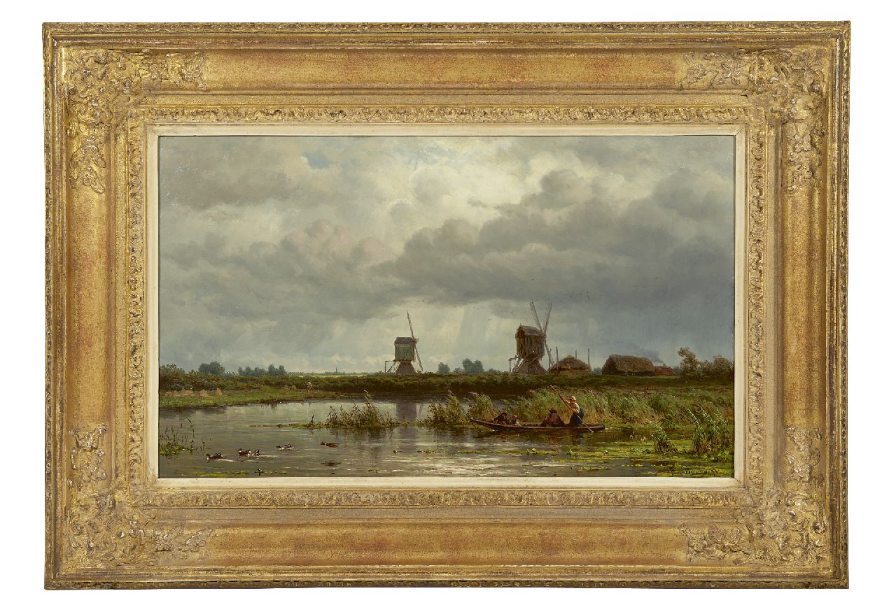 Borselen J.W. van | Jan Willem van Borselen, Sommerliche Wasserlandschaft mit Gesellschaft in einem Boot, Öl auf Holz 33,3 x 55,4 cm, Unterzeichnet r.u. und datiert '62