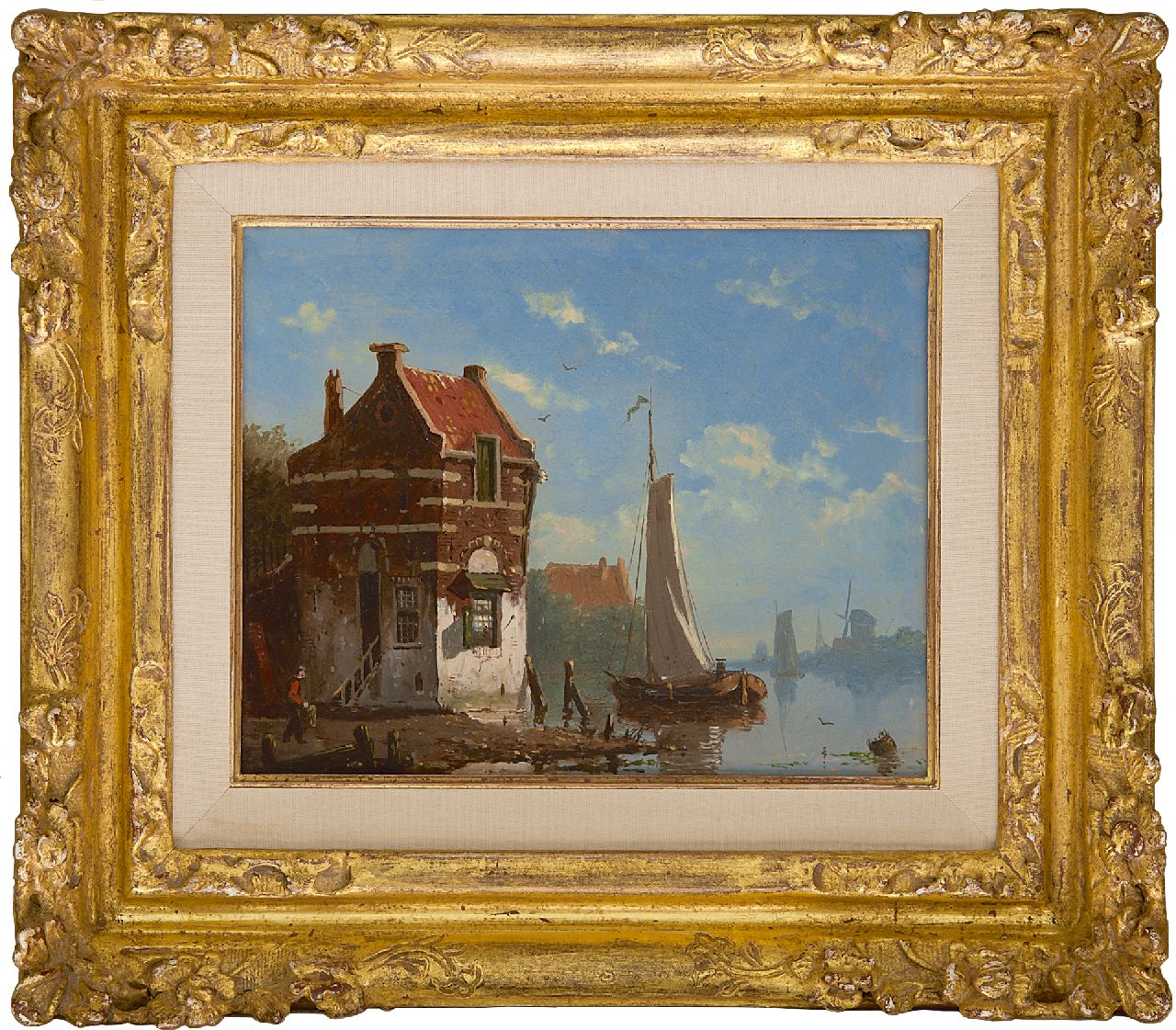 Roosdorp F.  | Frederik Roosdorp | Gemälde zum Verkauf angeboten | Segelboote auf ruhigem Wasser bei einem Dorf, Öl auf Holz 14,2 x 17,6 cm, Unterzeichnet l.u. mit Initial