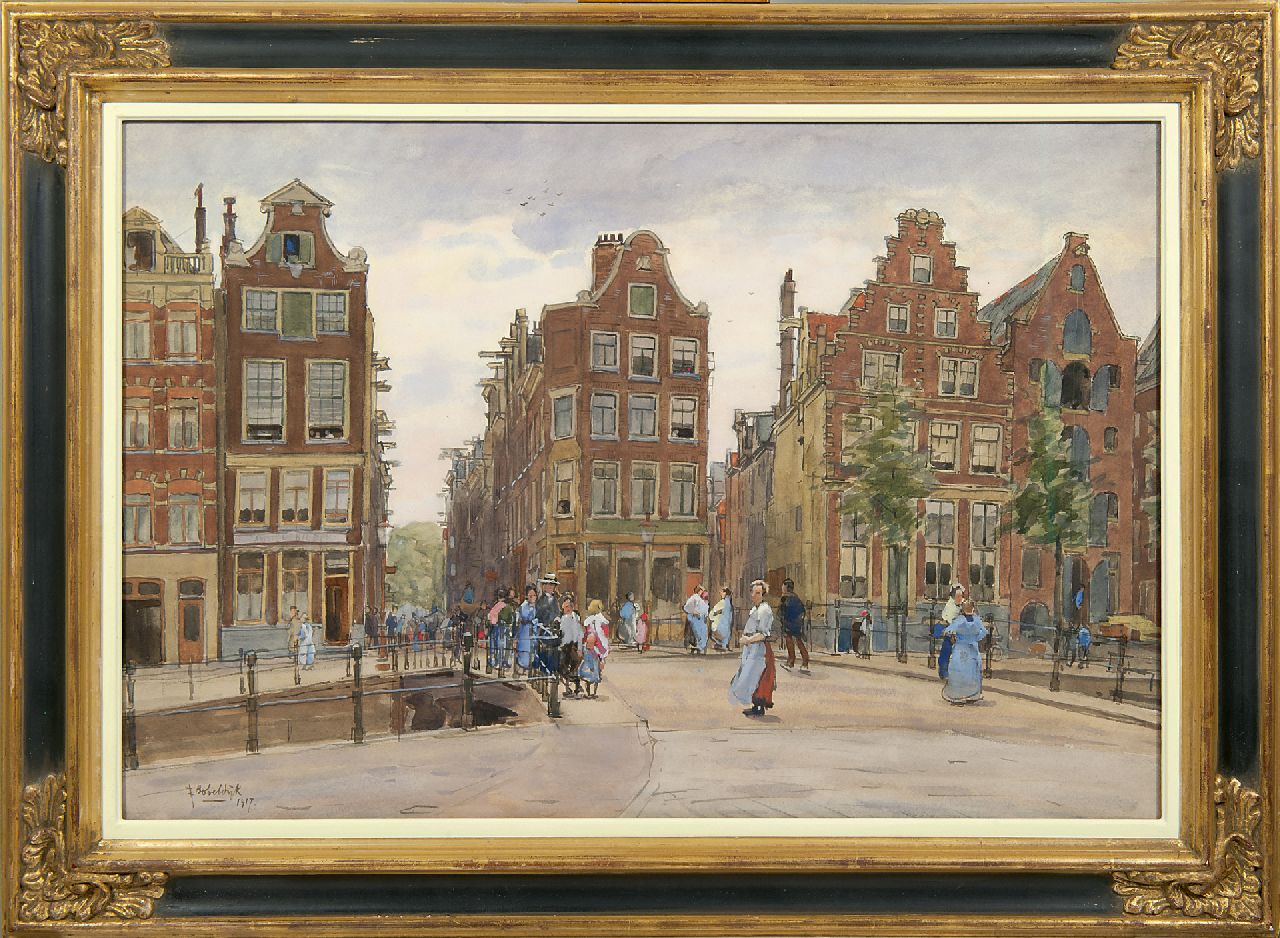 Bobeldijk F.  | Felicien Bobeldijk | Aquarelle und Zeichnungen zum Verkauf angeboten | Die Geldersekade mit der Bantammerbrug, Amsterdam, Aquarell auf Papier 43,6 x 64,4 cm, Unterzeichnet l.u. und datiert 1917