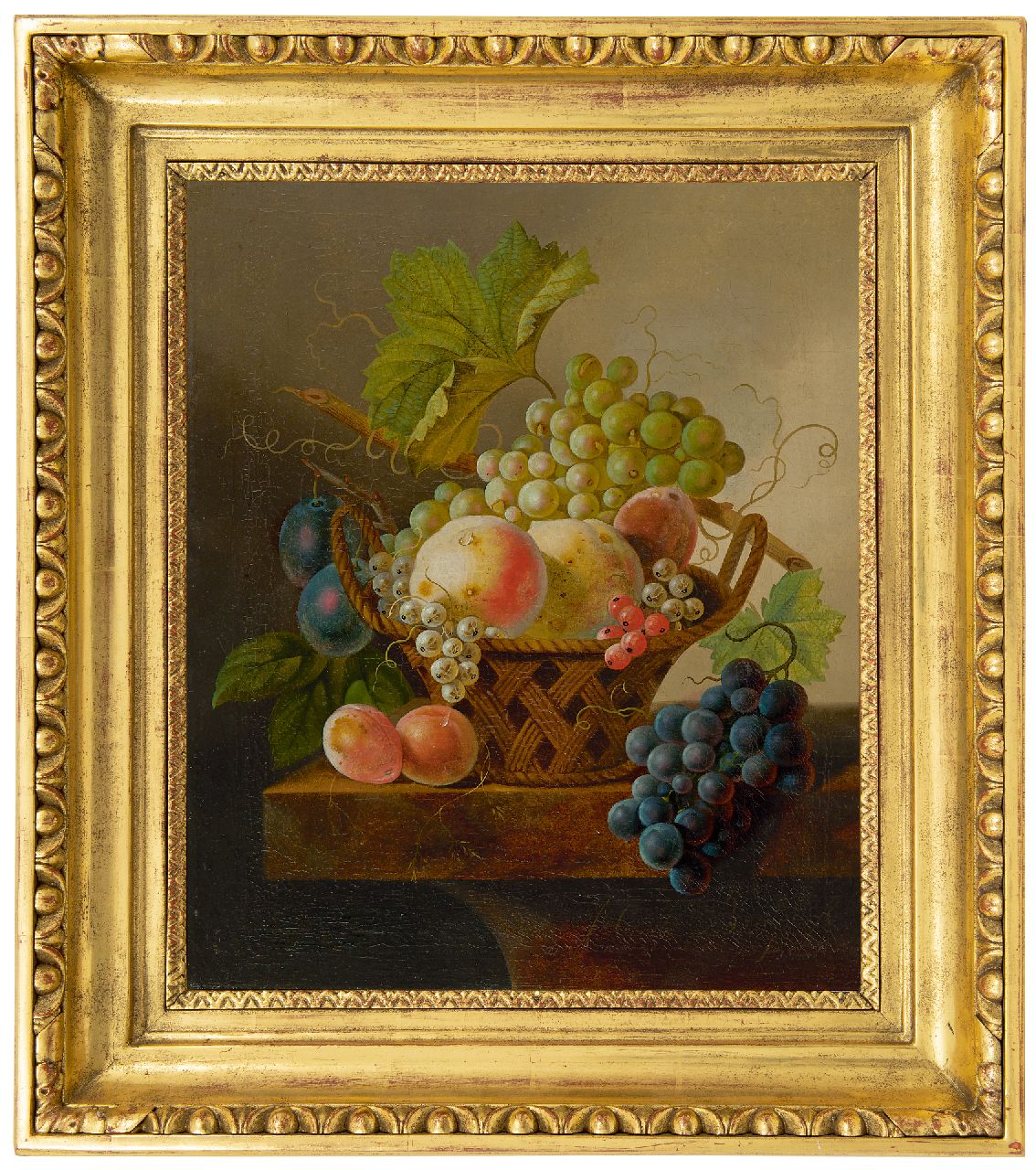 Bruyn J.C. de | Johannes Cornelis de Bruyn | Gemälde zum Verkauf angeboten | Stilleben mit Trauben und Pfirsichen in einem Korb, Öl auf Leinwand 43,8 x 36,0 cm, Unterzeichnet r.u.