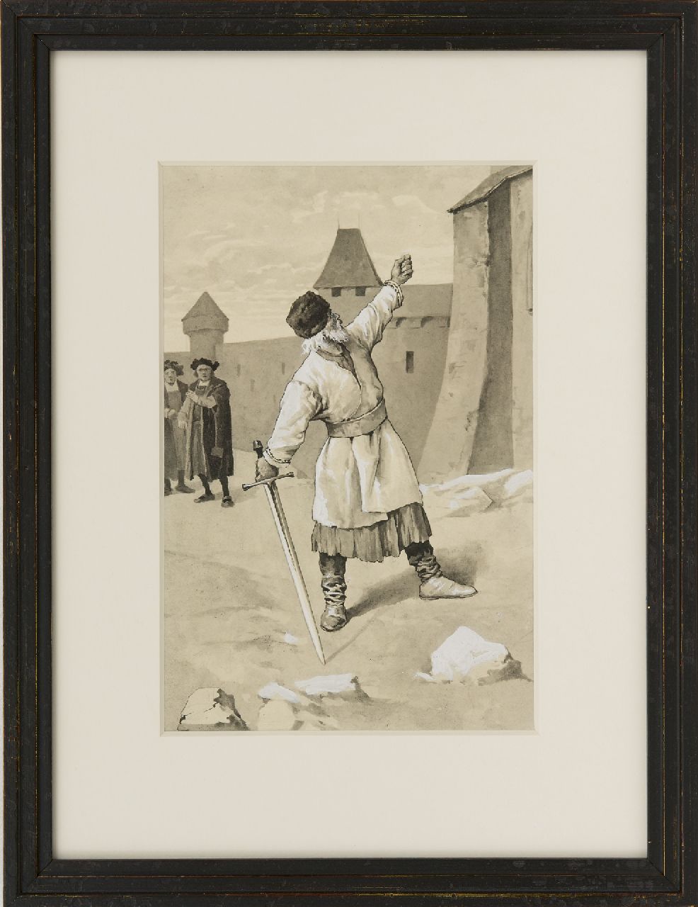 Oost-Europese School   | Oost-Europese School | Aquarelle und Zeichnungen zum Verkauf angeboten | Die Drohung, Aquarell auf Papier 29,5 x 22,6 cm