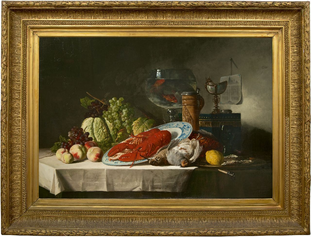 Schaefels L.V.  | Lucas Victor 'Luc' Schaefels, Stilleben mit Hummer und Fischglas, Öl auf Leinwand 91,2 x 130,3 cm, Unterzeichnet r.u. und datiert 1878