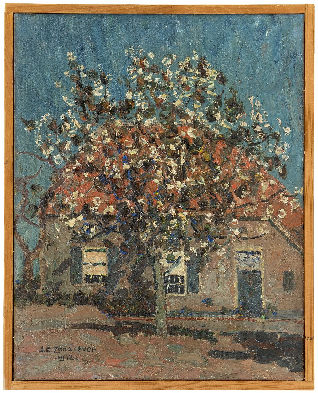 Zandleven J.A.  | Jan Adam Zandleven | Gemälde zum Verkauf angeboten | Blühender Obstbaum vor einem Bauernhof, Öl auf Leinwand auf Holz 40,2 x 32,1 cm, Unterzeichnet l.u. und datiert 1912