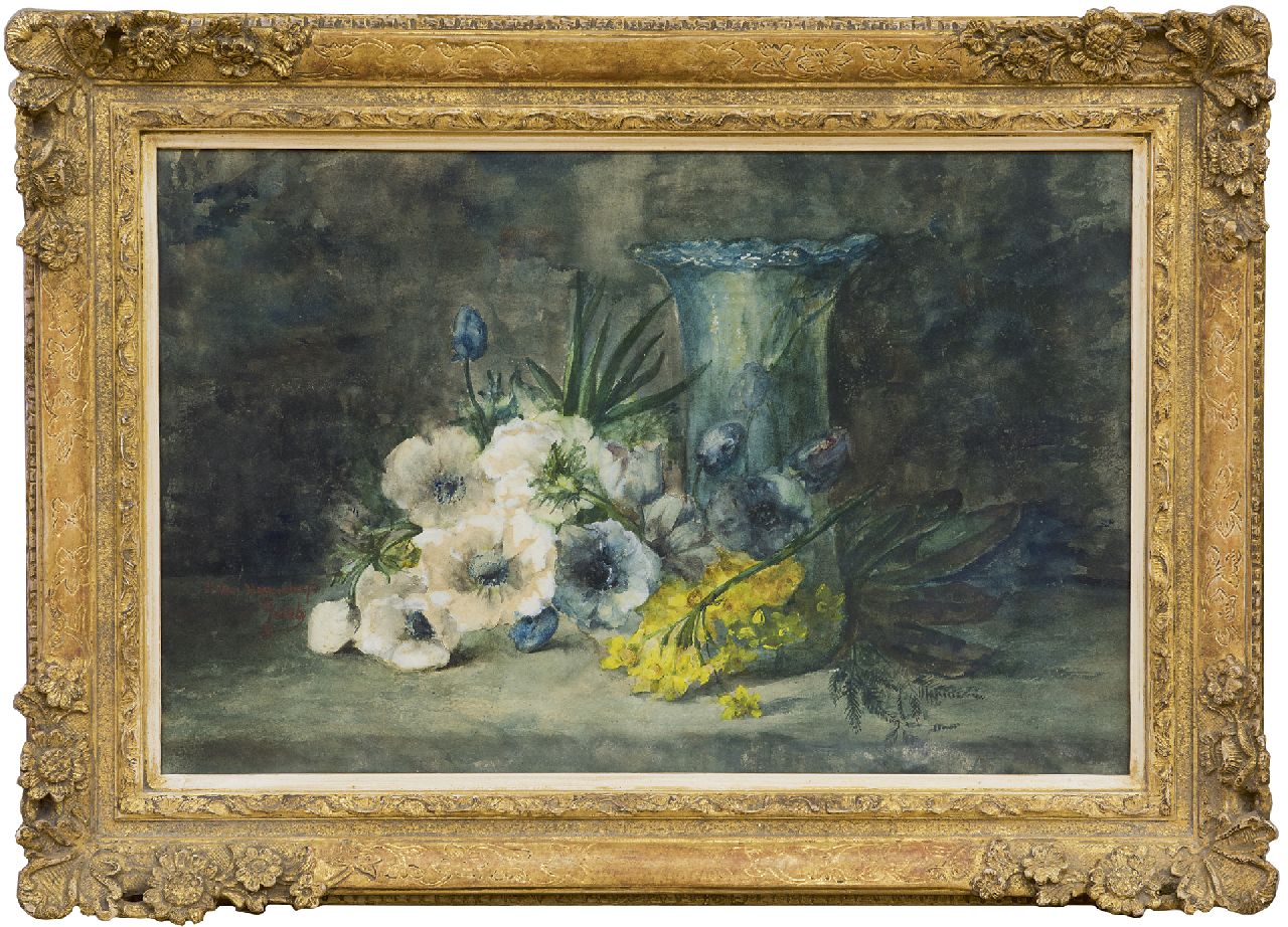 Hogendorp-'s Jacob A.J. van | Adrienne Jacqueline van Hogendorp-'s Jacob, Blumen und gläserne Vase auf einem Steintisch, Aquarell auf Papier 35,5 x 55,0 cm, Unterzeichnet l.u.