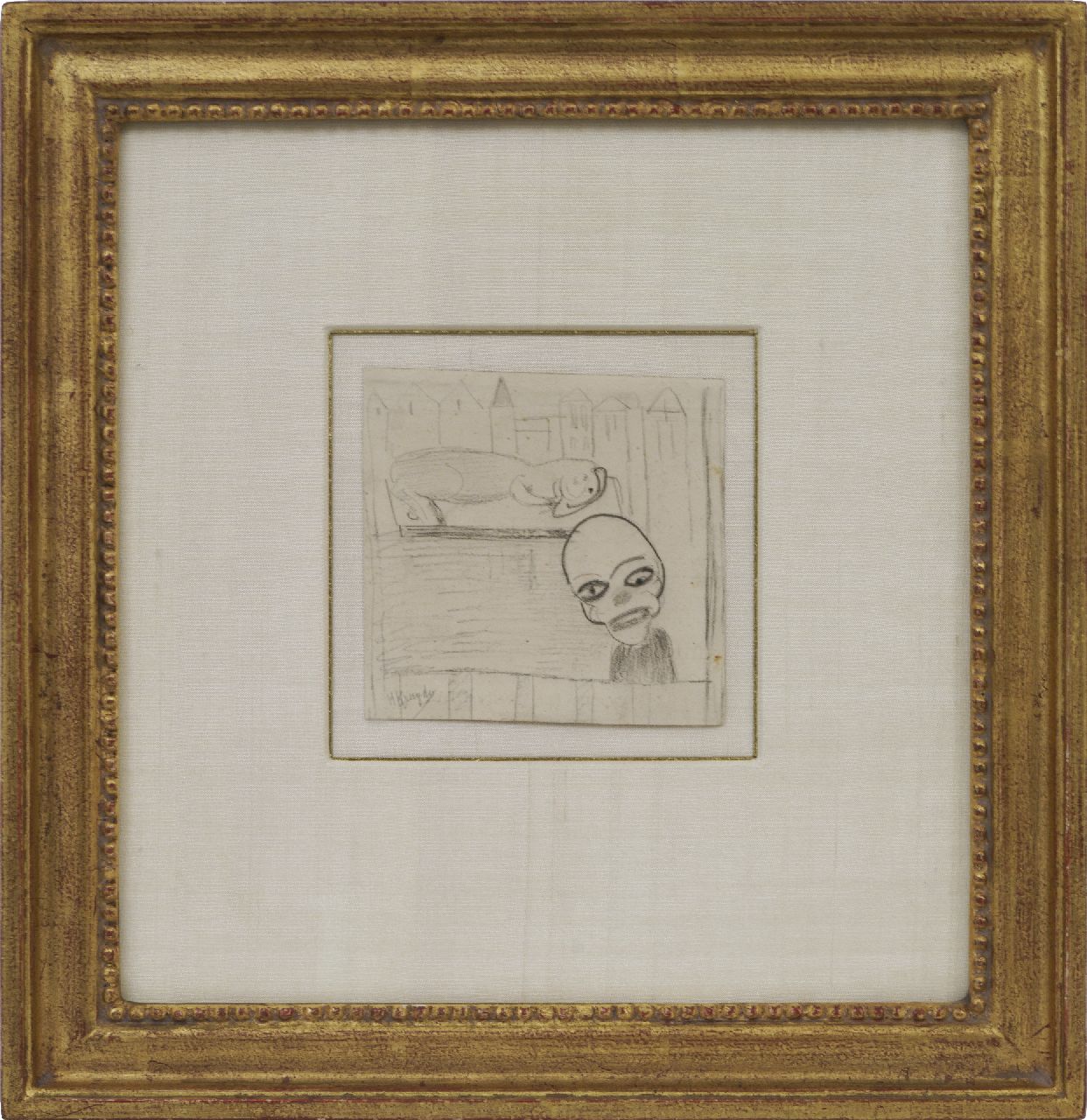 Kruyder H.J.  | 'Herman' Justus Kruyder | Aquarelle und Zeichnungen zum Verkauf angeboten | Clown und Tier, Schwarze Kreide auf Papier 10,0 x 10,2 cm, Unterzeichnet l.u.