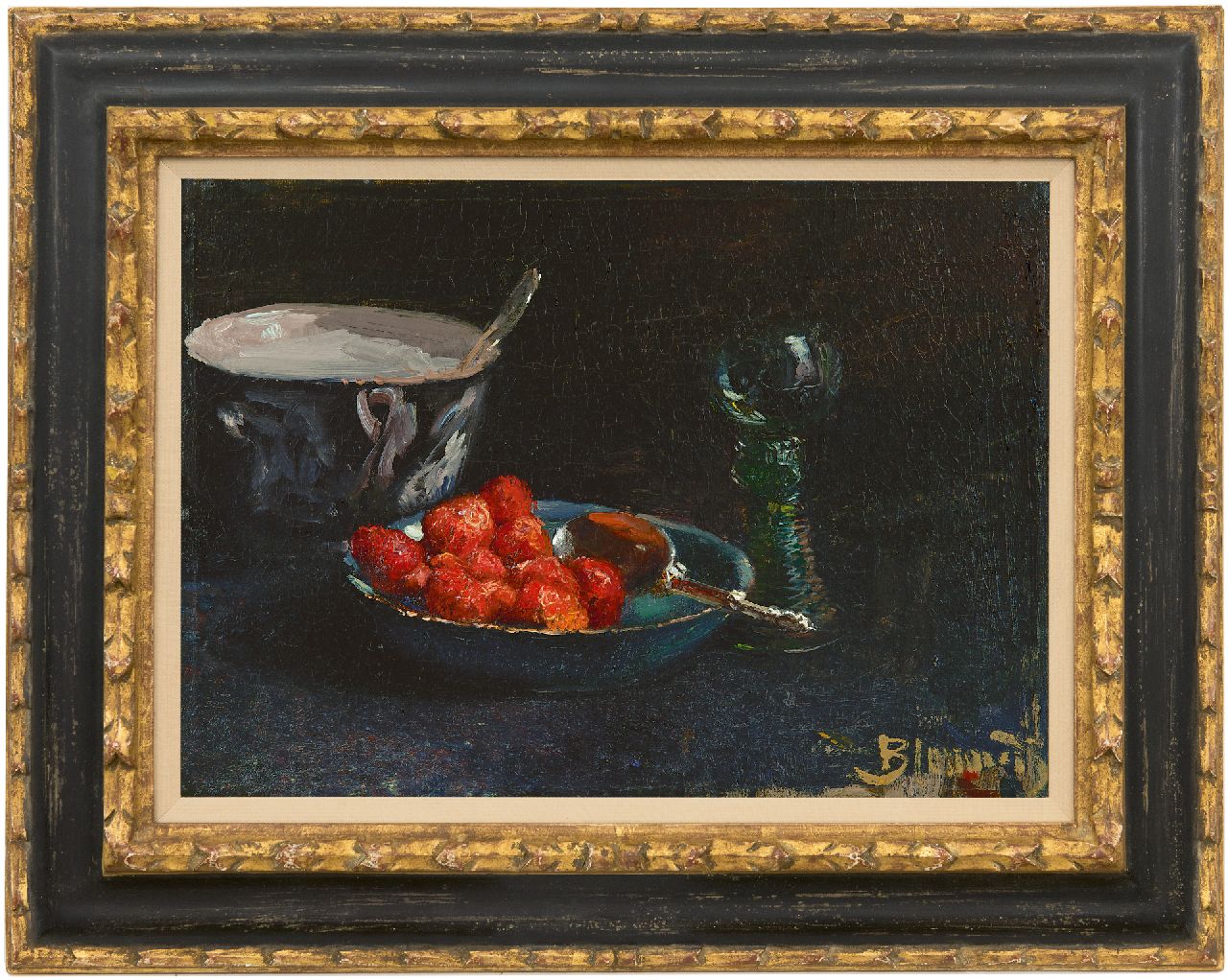 Blommers B.J.  | Bernardus Johannes Blommers | Gemälde zum Verkauf angeboten | Stilleben mit Erdbeeren und Rheinweinglas, Öl auf Leinwand 28,8 x 40,0 cm, Unterzeichnet r.u. und zu datieren um 1880
