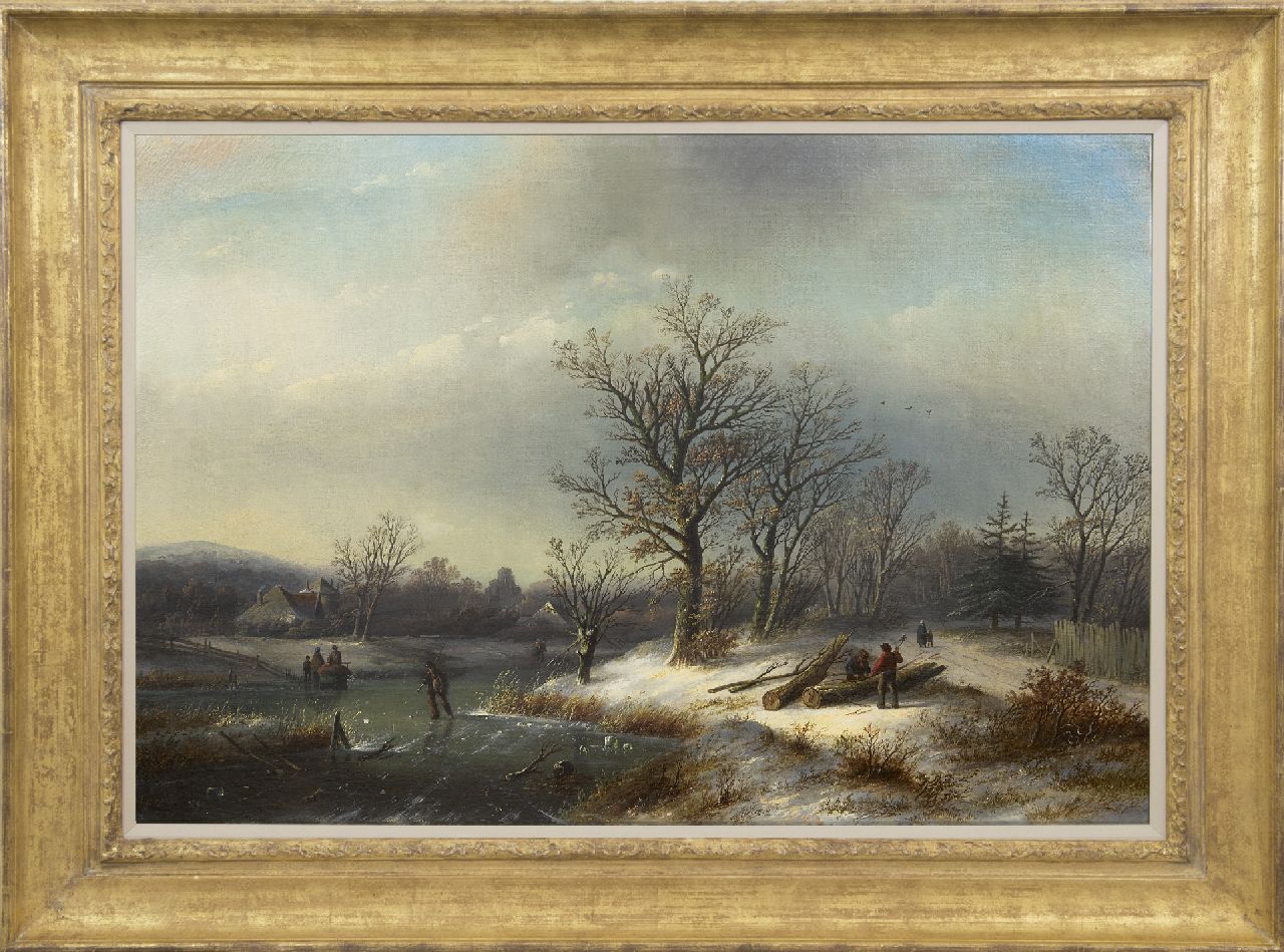 Spohler J.J.C.  | Jacob Jan Coenraad Spohler, Winterlandschaft mit Holzfällern und Schlittschuhläufern, Öl auf Leinwand 65,0 x 95,3 cm, Unterzeichnet l.u.