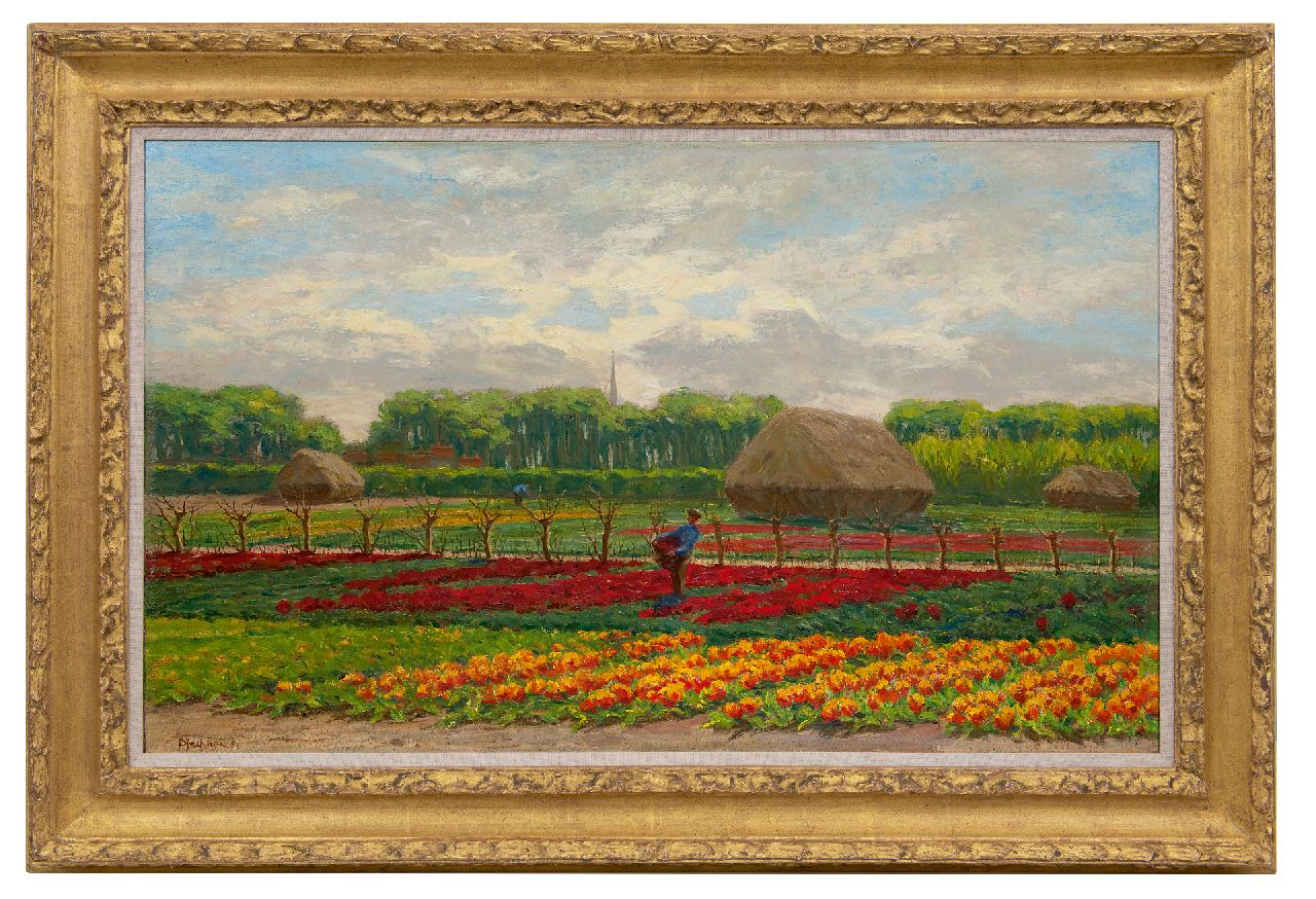 Bleckmann W.C.C.  | Wilhelm Christiaan Constant Bleckmann, Bauern an der Arbeit im Feld mit blühenden Blumenzwiebeln, Öl auf Leinwand 58,4 x 95,5 cm, Unterzeichnet l.u.