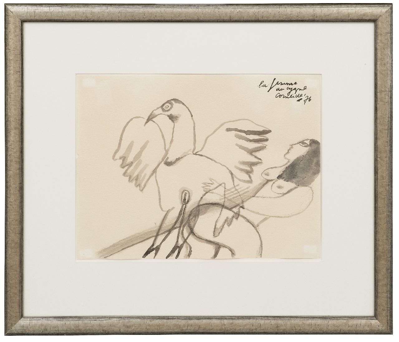 Corneille ('Corneille' Guillaume Beverloo)   | Corneille ('Corneille' Guillaume Beverloo) | Aquarelle und Zeichnungen zum Verkauf angeboten | La femme au cygne, Tinte auf Papier 22,9 x 29,8 cm, Unterzeichnet r.o. und datiert '76