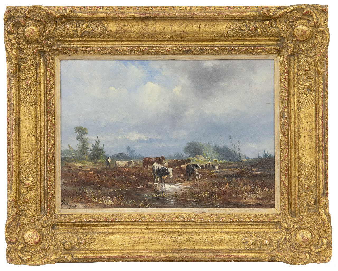 Prooijen A.J. van | Albert Jurardus van Prooijen | Gemälde zum Verkauf angeboten | Heidelandschaft mit Hirten und Vieh, Öl auf Holz 19,7 x 28,5 cm, Unterzeichnet l.u.