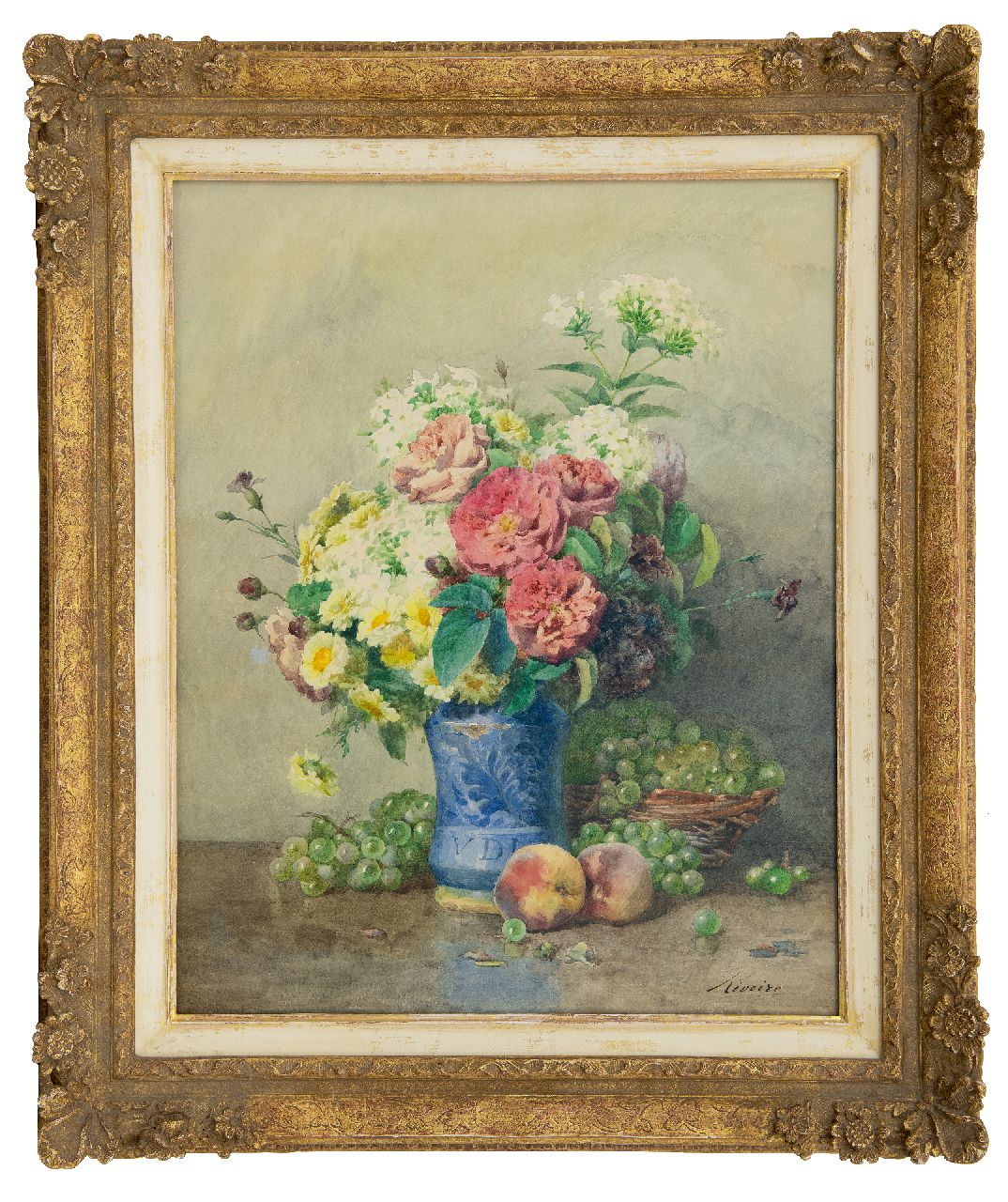 Rivoire F.  | François Rivoire | Aquarelle und Zeichnungen zum Verkauf angeboten | Stilleben mit Rosen, Phloxen und Obst, Aquarell auf Papier 58,4 x 46,4 cm, Unterzeichnet u.r.