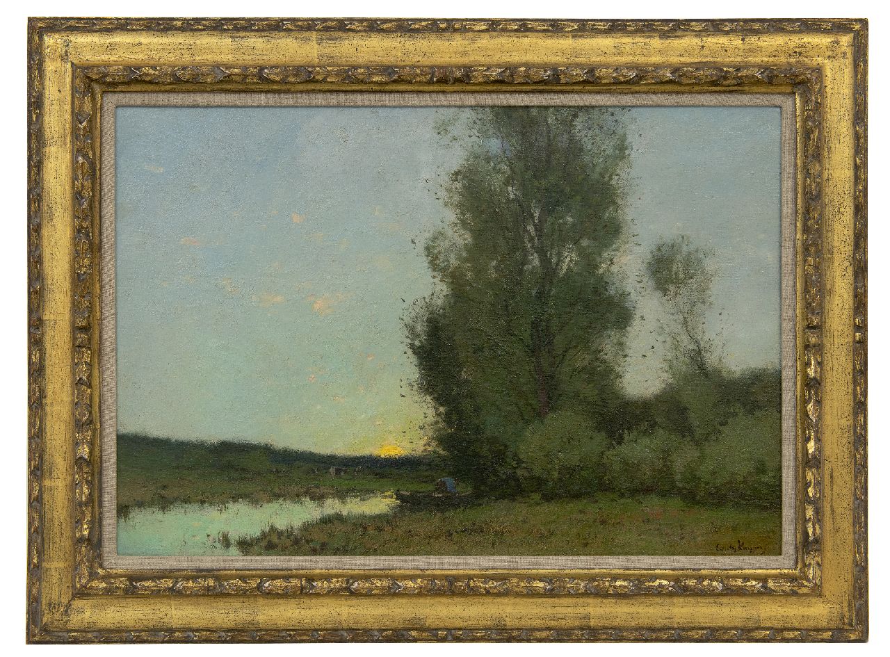 Kuijpers C.  | Cornelis Kuijpers | Gemälde zum Verkauf angeboten | Bauer im Ruderboot bei Sonnenaufgang am Waldrand, Öl auf Leinwand 42,0 x 61,5 cm, Unterzeichnet r.u.