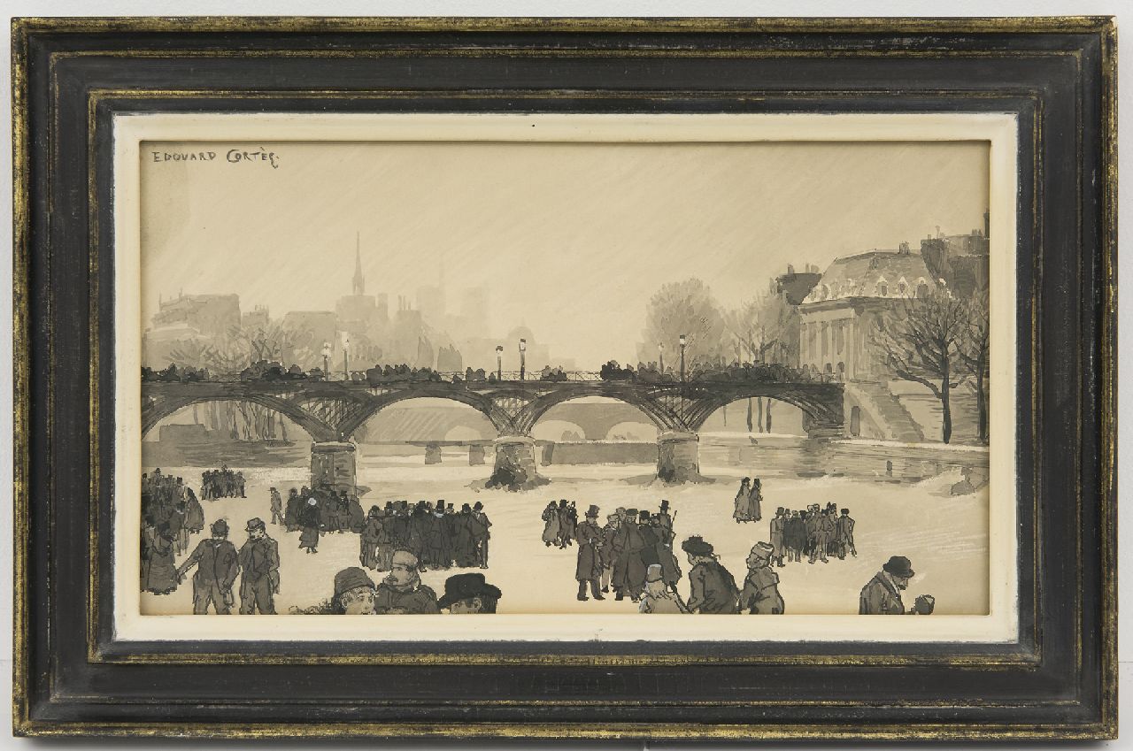 Cortes E.  | Edouard Cortes | Aquarelle und Zeichnungen zum Verkauf angeboten | Schlittschuhläufer auf der Seine, Paris, Tinte auf Papier 17,1 x 30,8 cm, Unterzeichnet l.o.