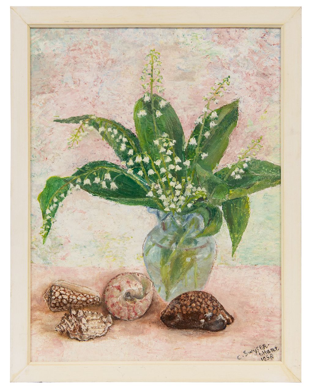 Swijser-'t Hart C.C.M.  | Catharina 'Christina' Maria Swijser-'t Hart | Gemälde zum Verkauf angeboten | Stilleben mit Maiglöckchen, Öl auf Holzfaser 37,5 cm, Unterzeichnet r.u. und datiert 1958