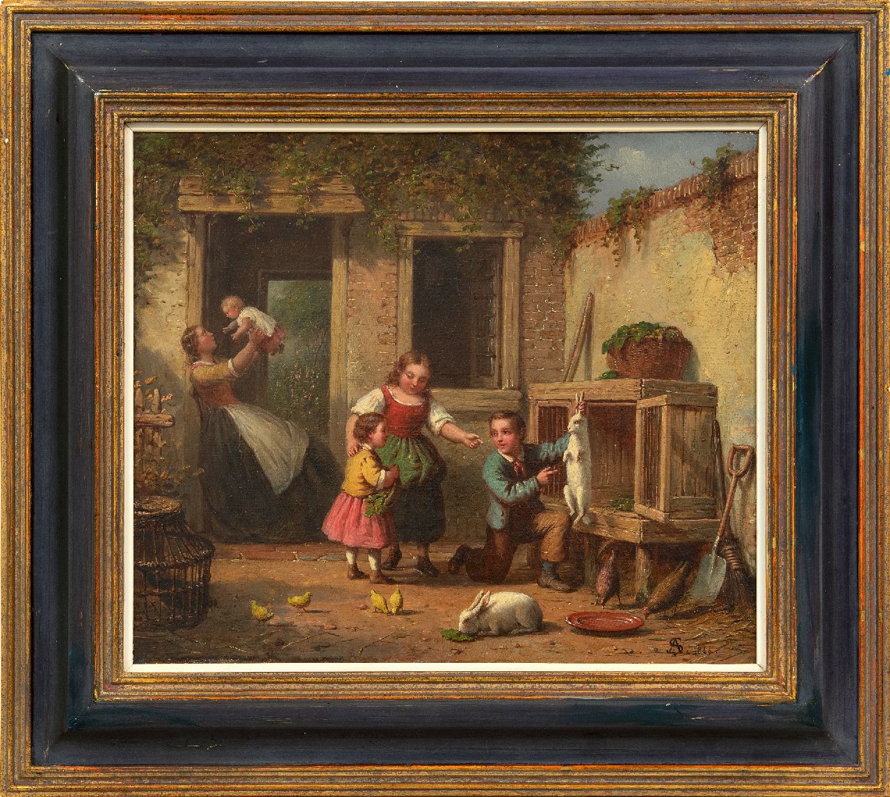 Scheerboom A.  | Andries Scheerboom | Gemälde zum Verkauf angeboten | Spielen mit dem Kaninchen, Öl auf Leinwand 25,8 x 30,8 cm, Unterzeichnet r.u. mit Monogramm und datiert 1866