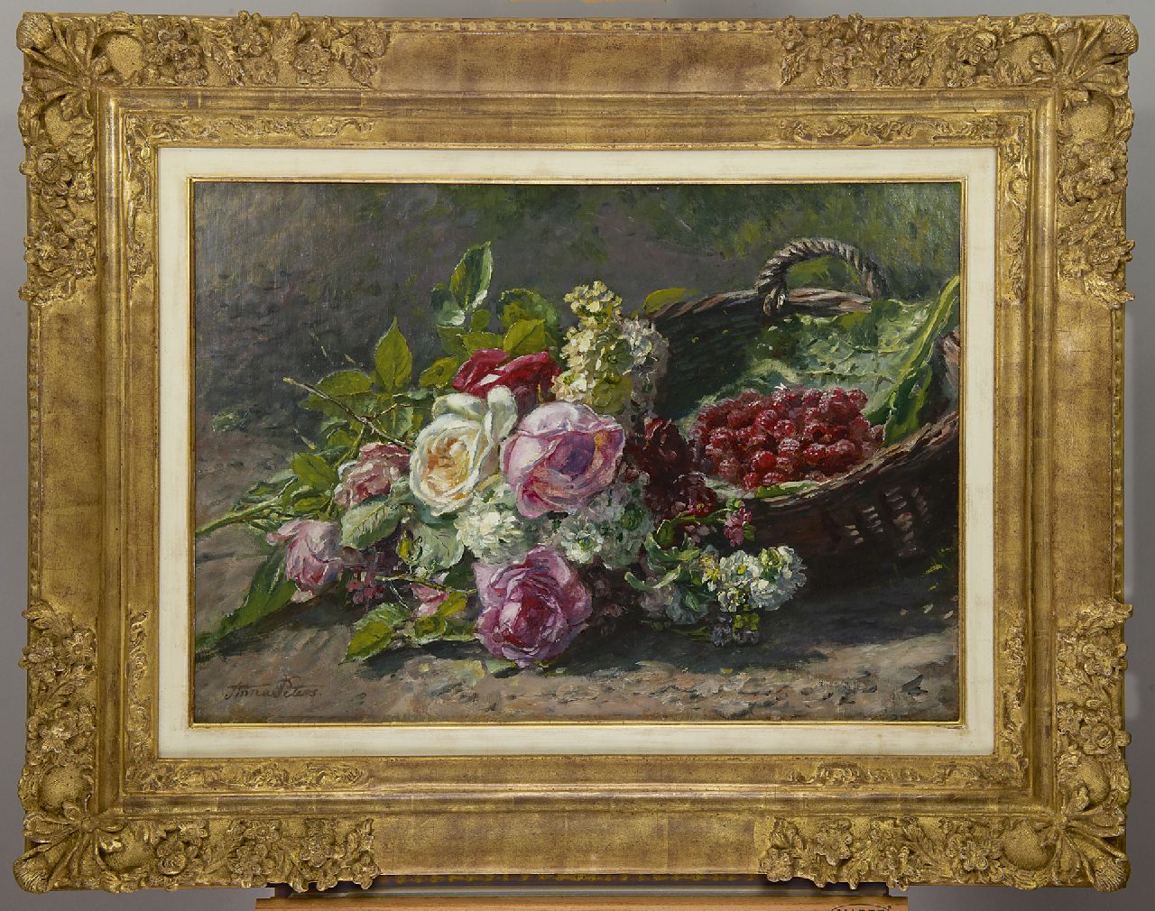 Peters A.  | Anna Peters, Rosenstilleben und Himbeerkorb, Öl auf Leinwand 42,8 x 60,1 cm, Unterzeichnet l.u. und zu datieren um 1880