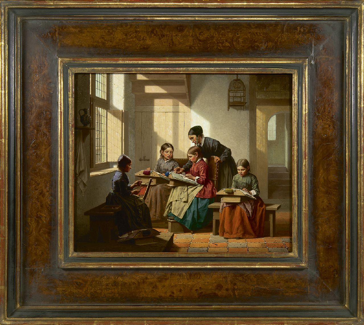 Grips C.J.  | Carel Jozeph Grips, Der Klöppelunterricht, Öl auf Holz 28,6 x 35,1 cm, Unterzeichnet u.r. und datiert 1861