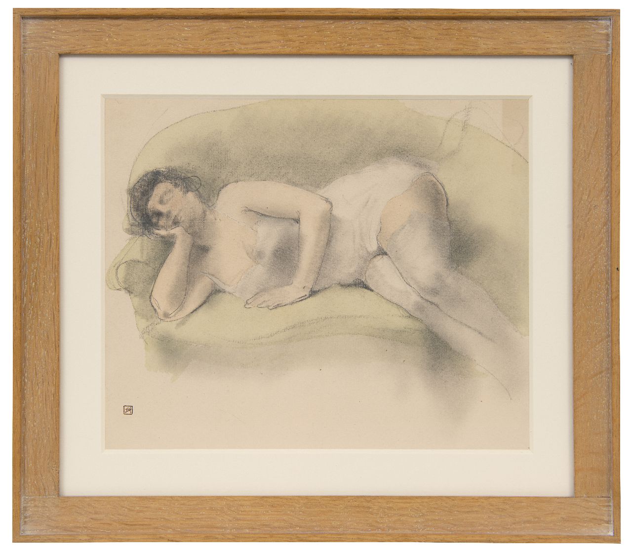 Rassenfosse A.L.  | André Louis 'Armand' Rassenfosse | Aquarelle und Zeichnungen zum Verkauf angeboten | Weiblicher Akt auf Sofa, Kreide und Aquarell auf Papier 19,0 x 24,0 cm, Unterzeichnet l.u. mit Künstlerstempel