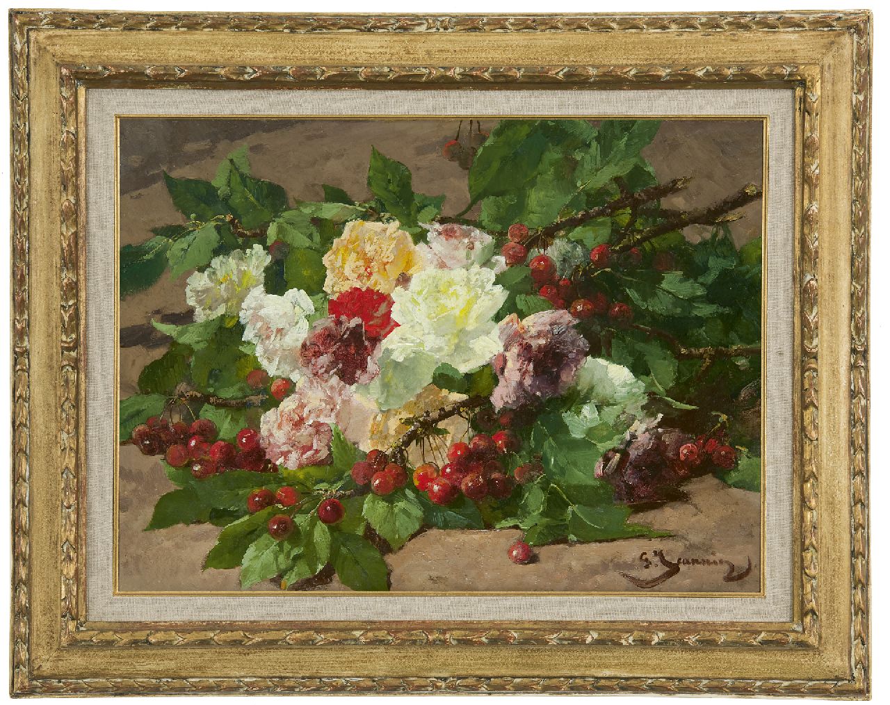 Jeannin G.  | Georges Jeannin, Kirschzweige und Rosen am Waldboden, Öl auf Leinwand 41,8 x 56,7 cm, Unterzeichnet r.u.