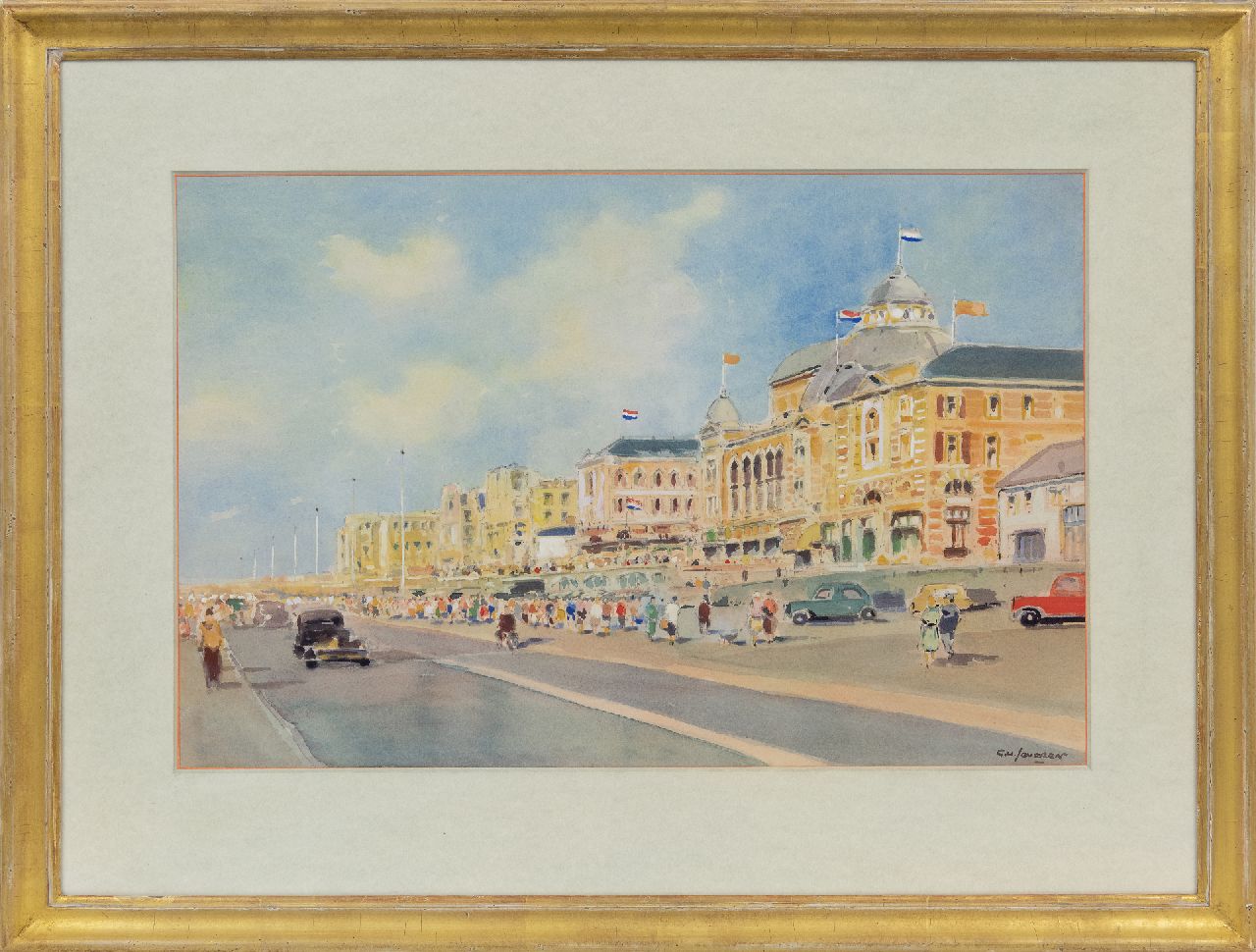 Jeveren G. van | Gerrit van Jeveren | Aquarelle und Zeichnungen zum Verkauf angeboten | Der Boulevard von Scheveningen, Aquarell auf Papier 35,3 x 53,7 cm, Unterzeichnet r.u. und zu datieren Jahre '50