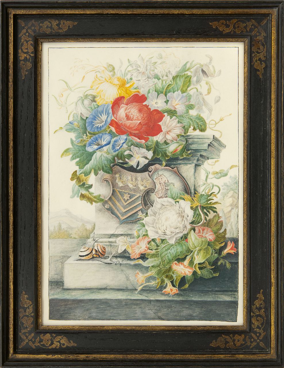 Henstenburgh H.  | Herman Henstenburgh | Aquarelle und Zeichnungen zum Verkauf angeboten | Blumenstilleben mit Säule und Wappen, Aquarell auf Pergament auf Papier 36,6 x 25,3 cm