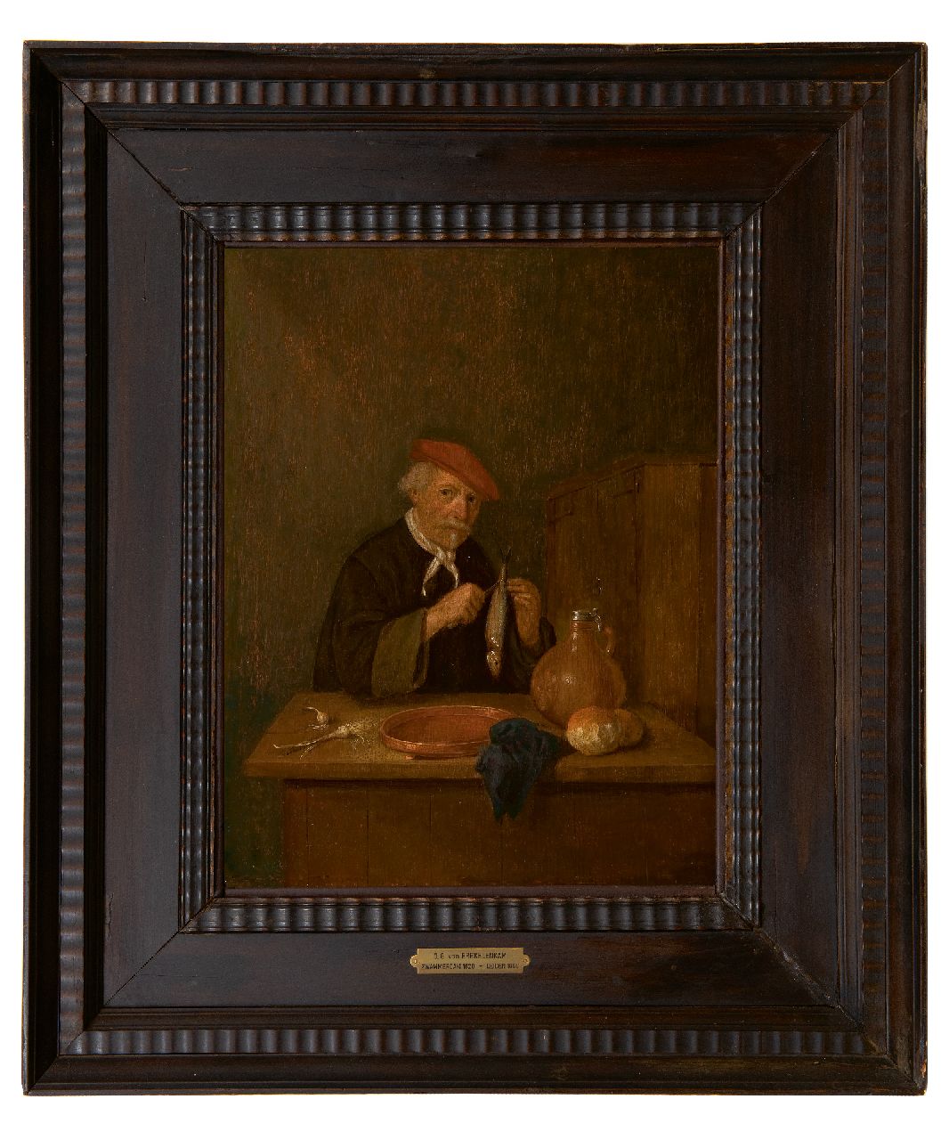 Brekelenkam Q.G. van | Quiringh Gerritz. van Brekelenkam | Gemälde zum Verkauf angeboten | Mann mit Hering, Öl auf Holz 39,5 x 30,4 cm, Unterzeichnet u.r. mit Initialen und datiert 1665