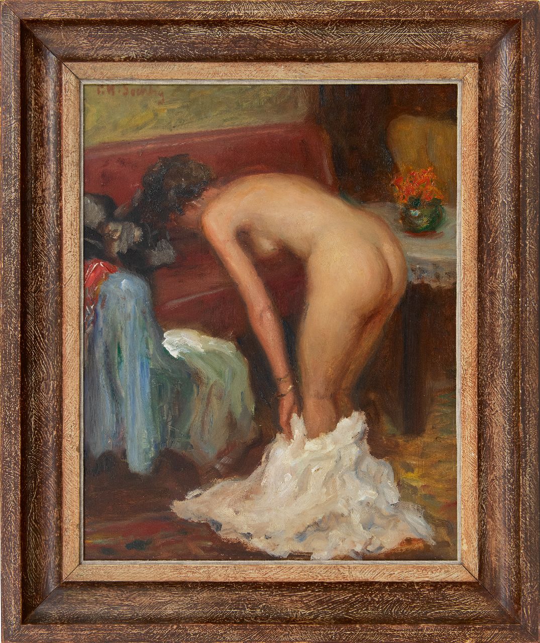 Söchtig P.W.  | Paul Werner Söchtig | Gemälde zum Verkauf angeboten | Weiblicher Akt im Boudoir, Öl auf Holzfaser 50,3 x 40,1 cm, Unterzeichnet l.o.