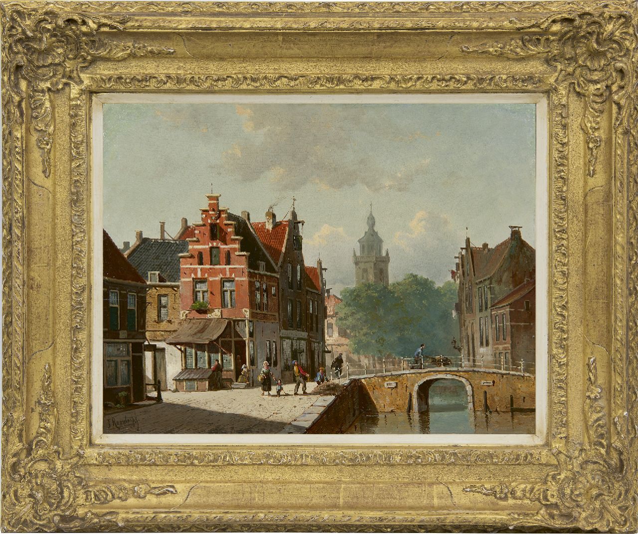 Roosdorp F.  | Frederik Roosdorp, Holländischer Stadtkanal im Sommer, Öl auf Holz 28,0 x 36,5 cm, Unterzeichnet l.u.