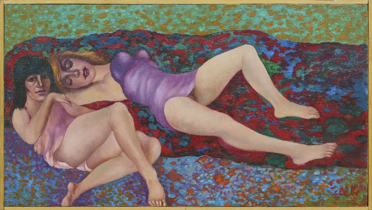 Slebe (Ferdinand Joseph Sleebe) F.  | Ferry Slebe (Ferdinand Joseph Sleebe) | Gemälde zum Verkauf angeboten | Frauen auf einer Couch, Öl auf Holz 30,0 x 54,2 cm, Unterzeichnet r.u.