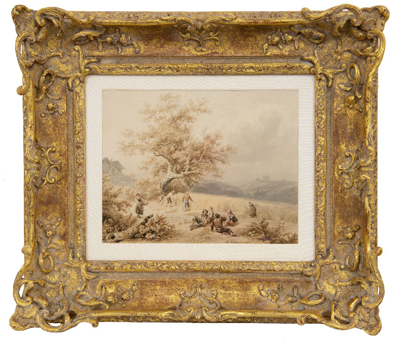 Koekkoek B.C.  | Barend Cornelis Koekkoek, Erntezeit, Luxemburg, Tinte und Aquarell auf Papier 19,6 x 24,9 cm, Unterzeichnet r.v.d.M. und datiert 1847