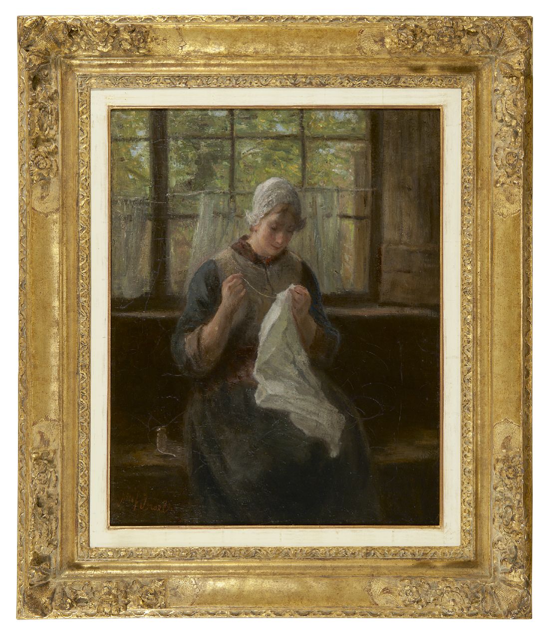 Israëls J.  | Jozef Israëls, A woman knitting, Öl auf Leinwand 56,6 x 45,3 cm, signed l.l.