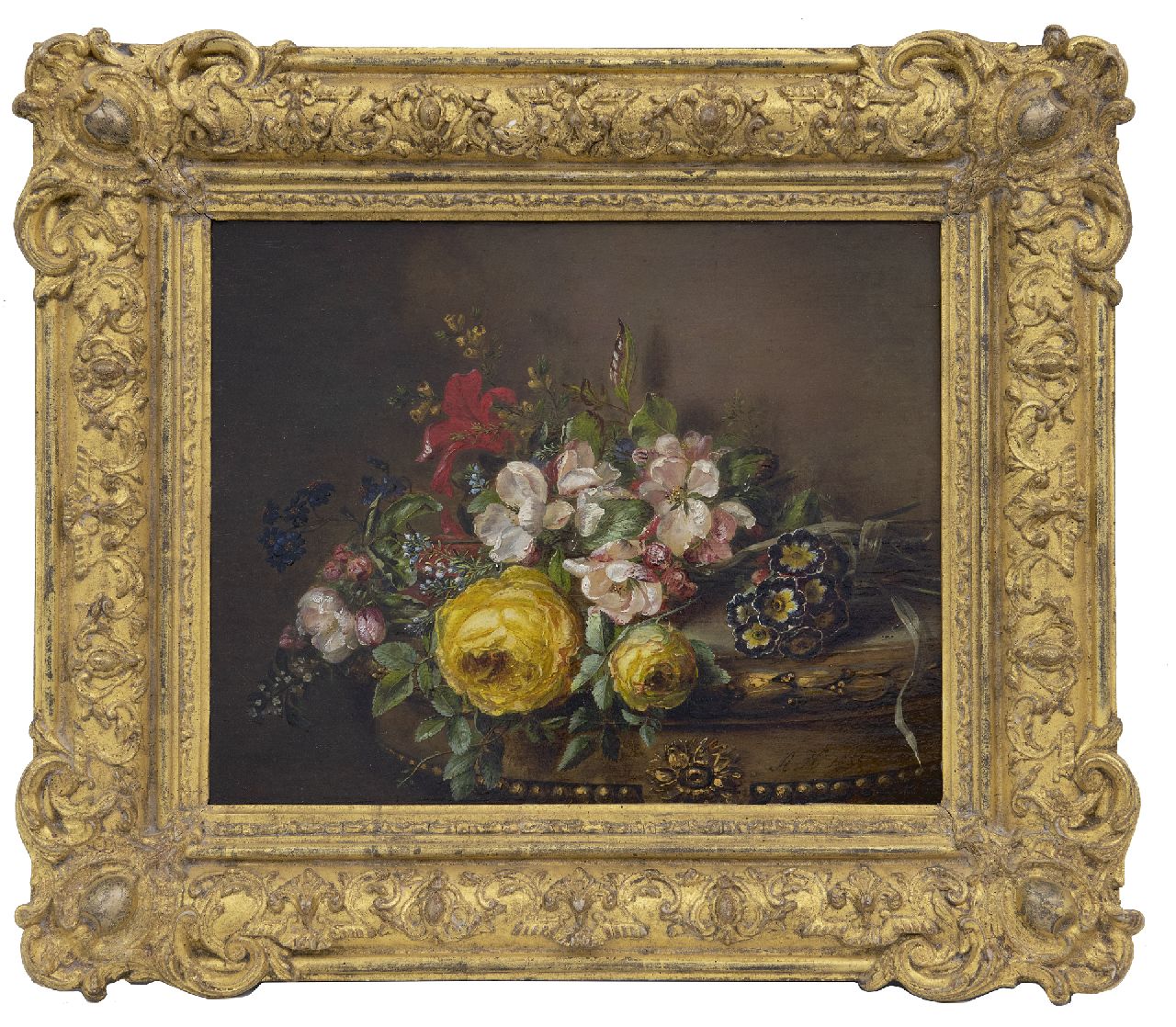Haanen A.J.  | Adriana Johanna Haanen | Gemälde zum Verkauf angeboten | Gemischter Strauss auf einem Tisch, Öl auf Tafel 26,5 x 33,2 cm, Unterzeichnet r.u. und datiert 1850
