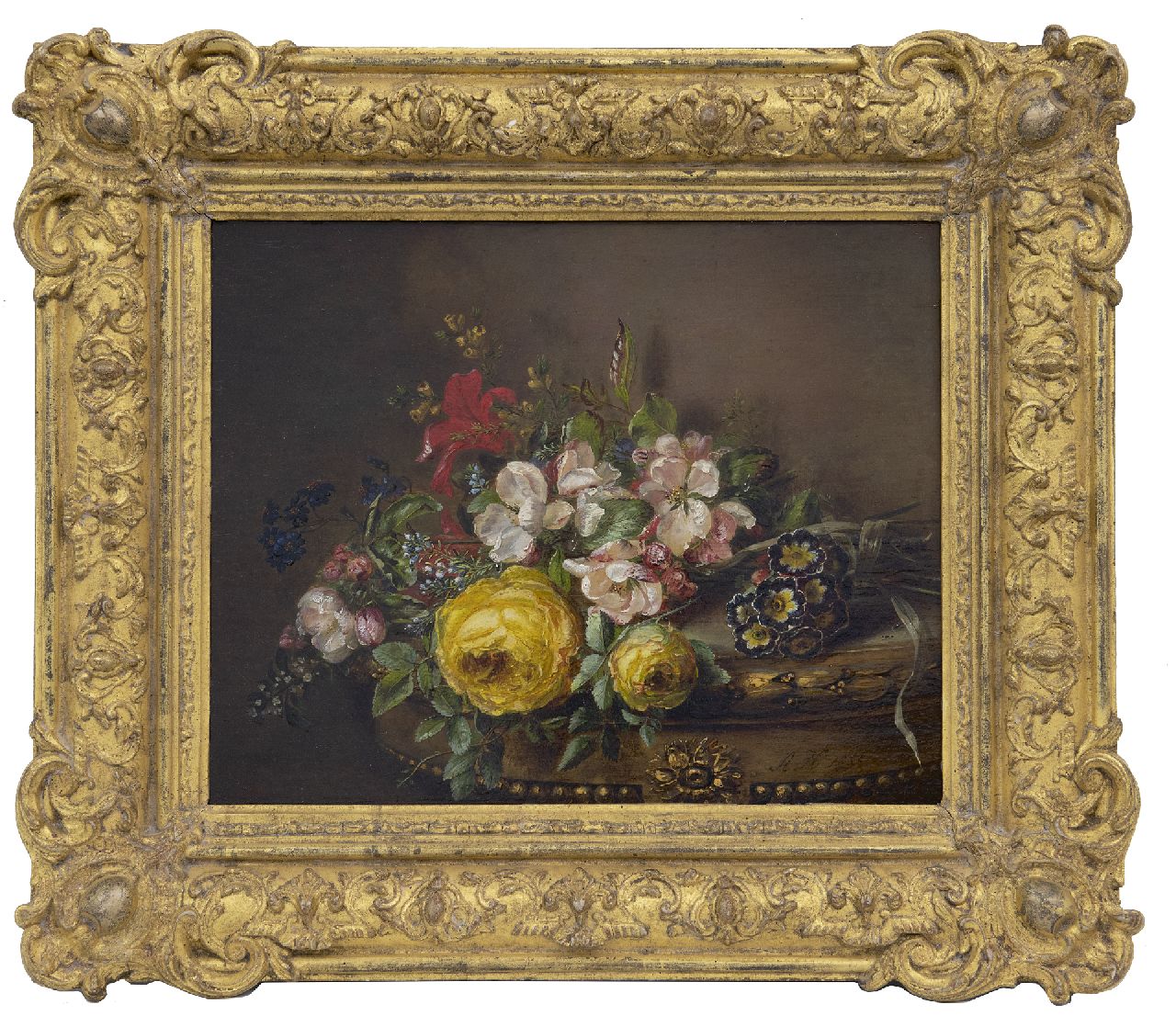 Haanen A.J.  | Adriana Johanna Haanen | Gemälde zum Verkauf angeboten | Gemischter Strauss auf einem Tisch, Öl auf Holz 26,5 x 33,2 cm, Unterzeichnet r.u. und datiert 1850