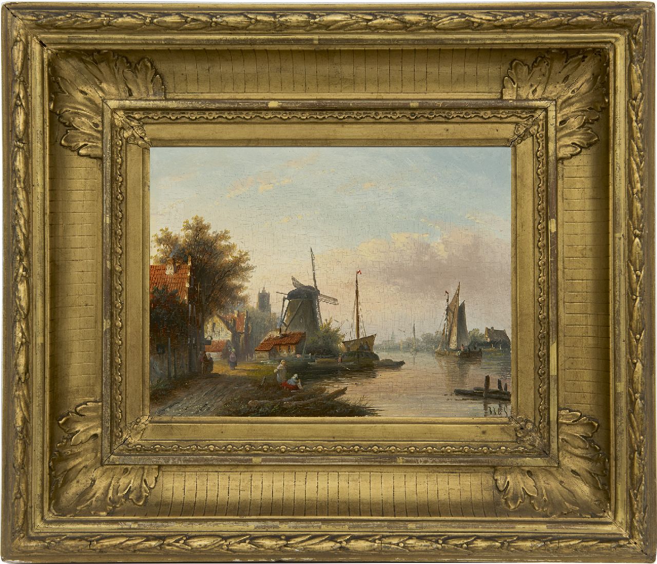 Spohler J.J.C.  | Jacob Jan Coenraad Spohler, Sommerliche Flusslandschaft und Waschfrauen ( nur zusammen mit winterlichem Gegenstück), Öl auf Holz 16,0 x 21,1 cm, Unterzeichnet r.u. mit Initialen