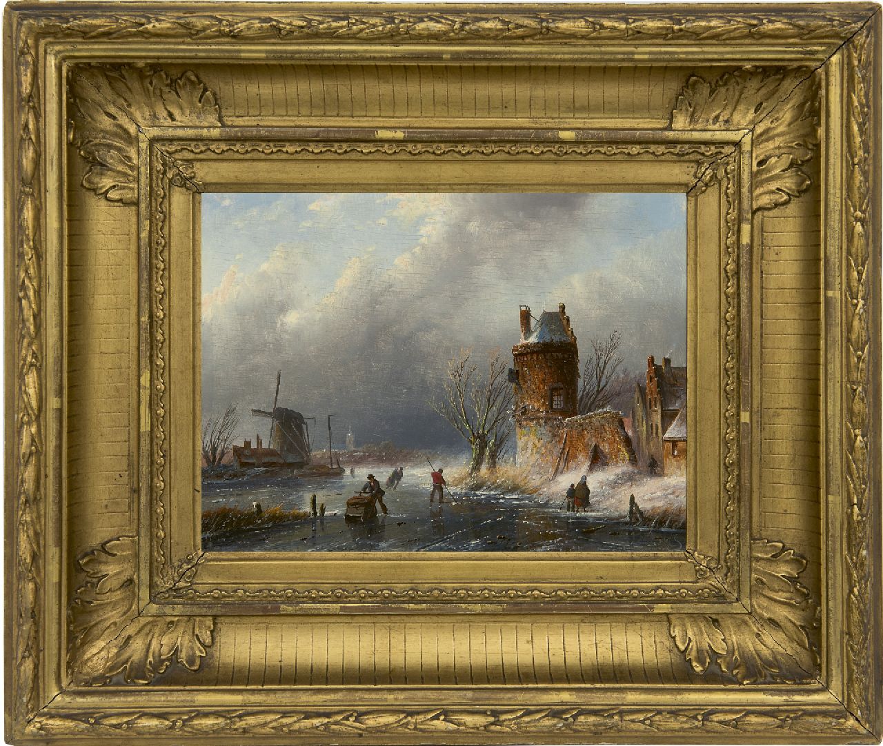 Spohler J.J.C.  | Jacob Jan Coenraad Spohler, Winterlandschaft mit Schlittschuhläufern und Eisangler, Öl auf Holz 15,6 x 21,1 cm, Unterzeichnet r.u. mit Initialen