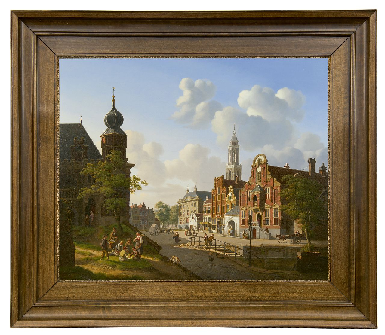 Verheijen J.H.  | Jan Hendrik Verheijen, Sonnige Stadtansicht mit Kartenspielern im Vordergrund, Öl auf Leinwand 66,9 x 79,6 cm, Unterzeichnet r.u.