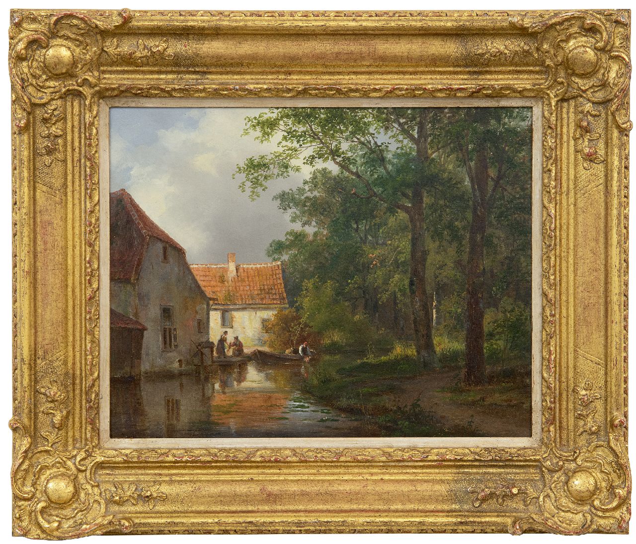 Breuhaus de Groot F.  | Frans Breuhaus de Groot | Gemälde zum Verkauf angeboten | Fischverkauf am Dorfbach, Öl auf Holz 24,4 x 30,6 cm, Unterzeichnet r.u. (unklar)