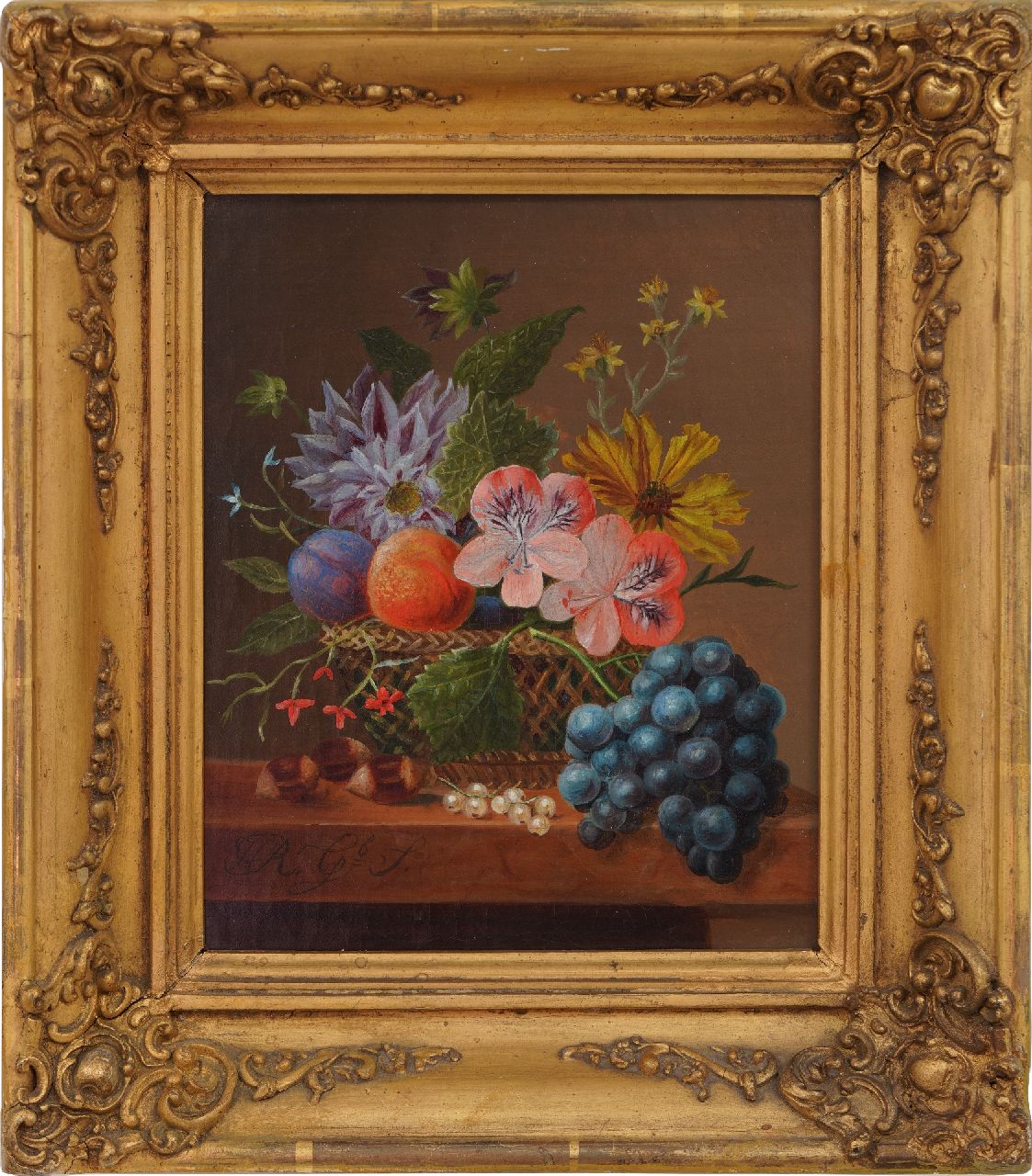 Onbekend   | Onbekend | Gemälde zum Verkauf angeboten | Blumenstilleben und Obst in einem Korb, Öl auf Leinwand 21,5 x 18,0 cm, Unterzeichnet l.u. 'H R. Gb S.