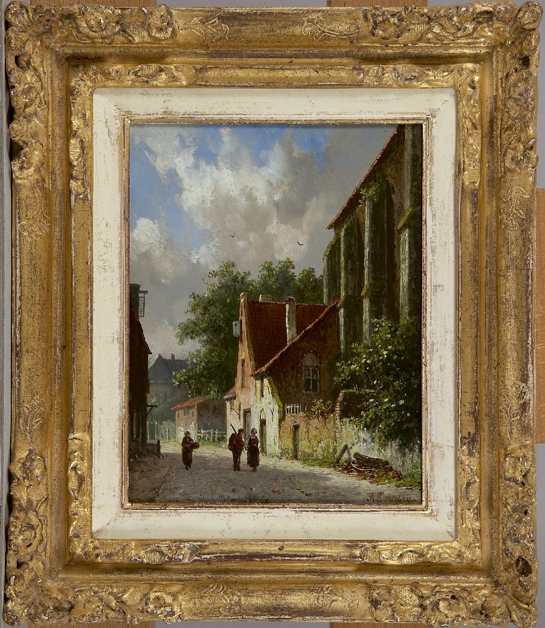 Eversen A.  | Adrianus Eversen, Figuren in sonniger Dorfgasse, Öl auf Holz 18,9 x 14,9 cm, Unterzeichnet r.u. und im Verso auf Etikett