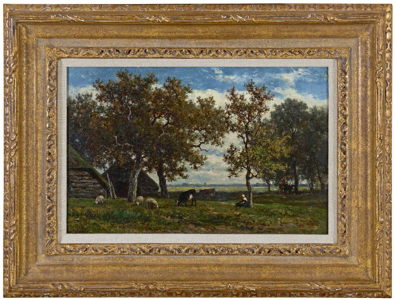 Roelofs W.  | Willem Roelofs | Gemälde zum Verkauf angeboten | Bauernlandschaft in Drente mit Hirtin, Kühen und Schafen, Öl auf Holz 23,2 x 36,0 cm, Unterzeichnet l.u. und zu datieren um 1861-1867